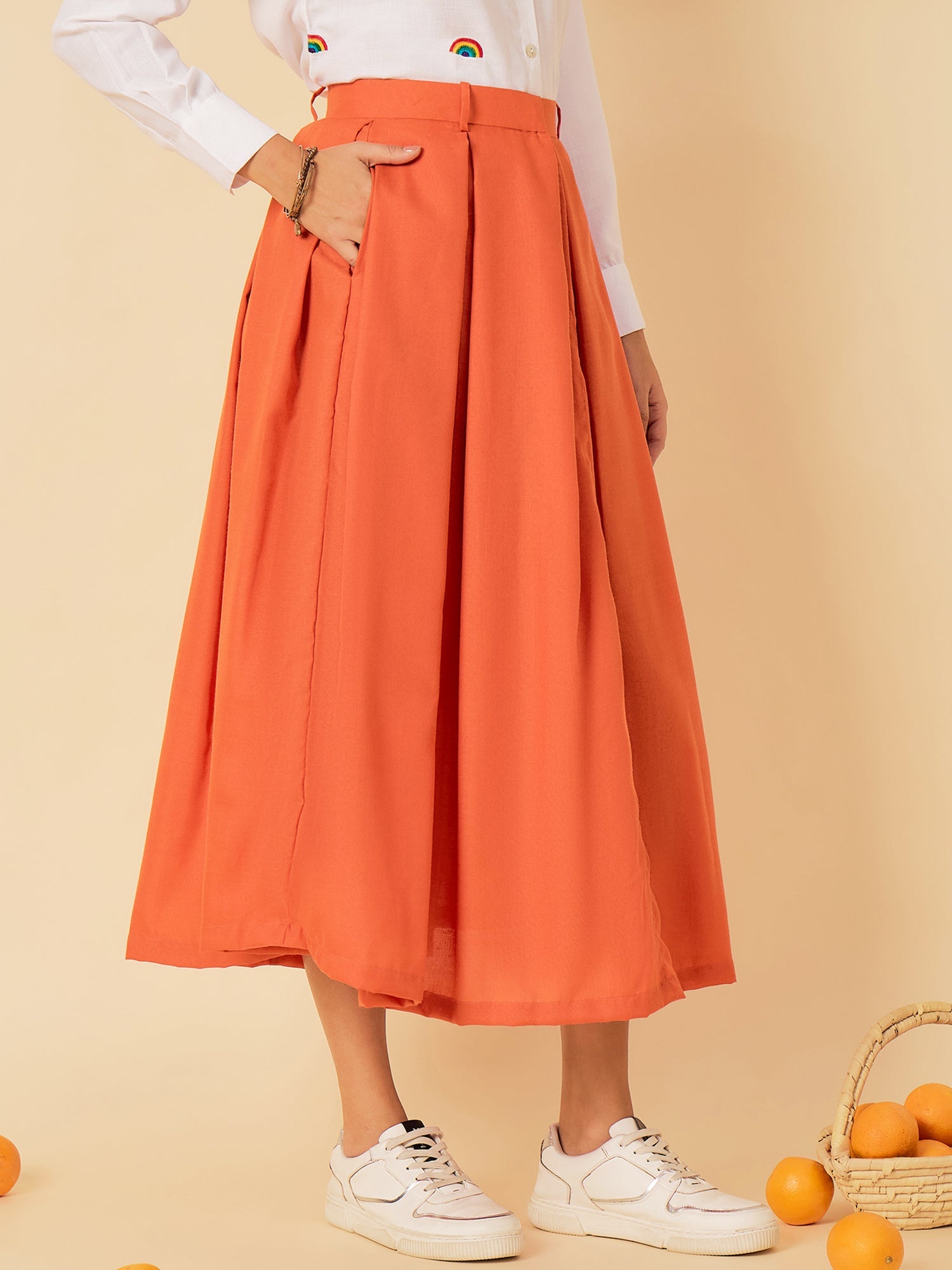 Pure Cotton Box Pleated Midi Skirt