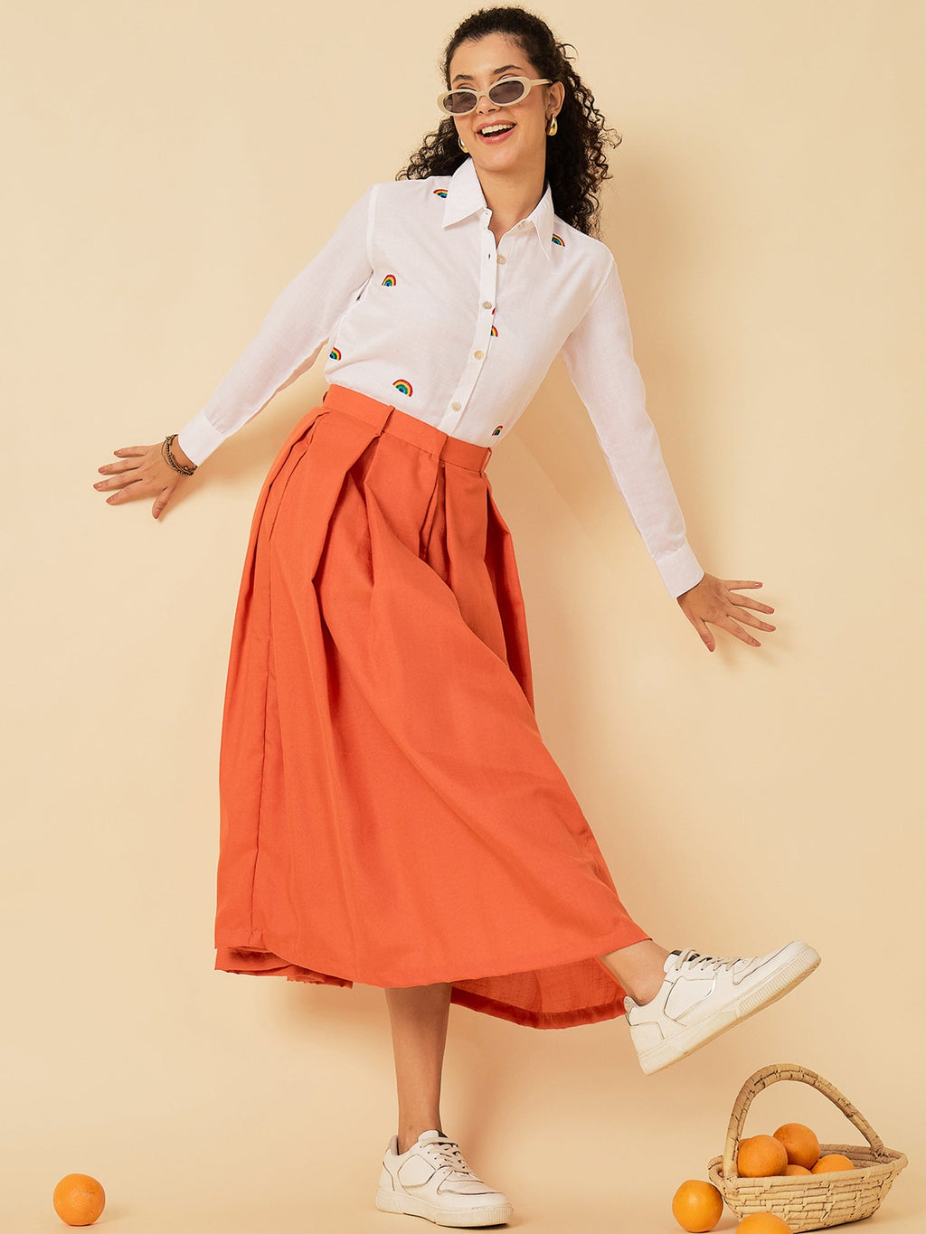 Pure Cotton Box Pleated Midi Skirt