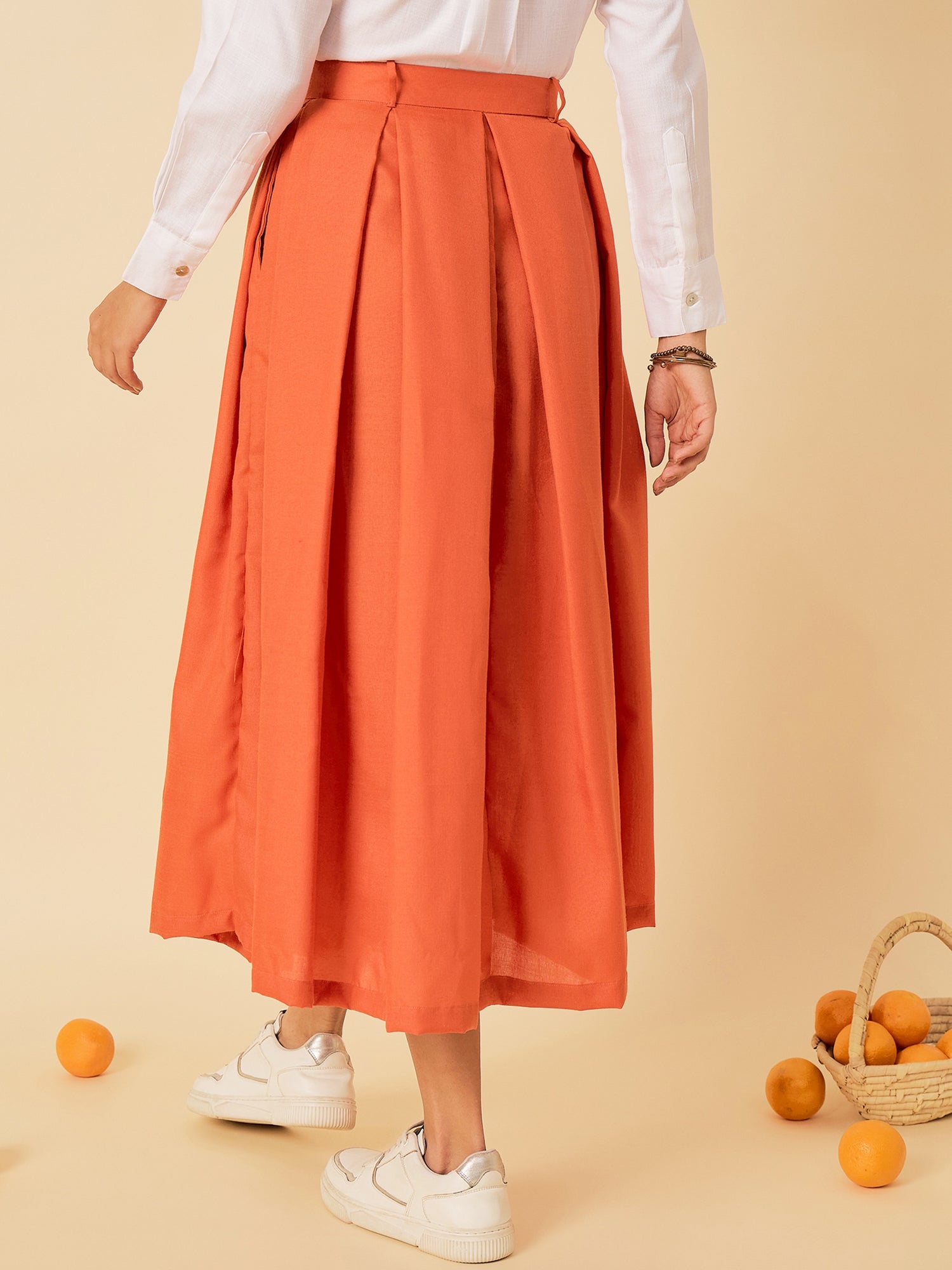 Pure Cotton Box Pleated Midi Skirt