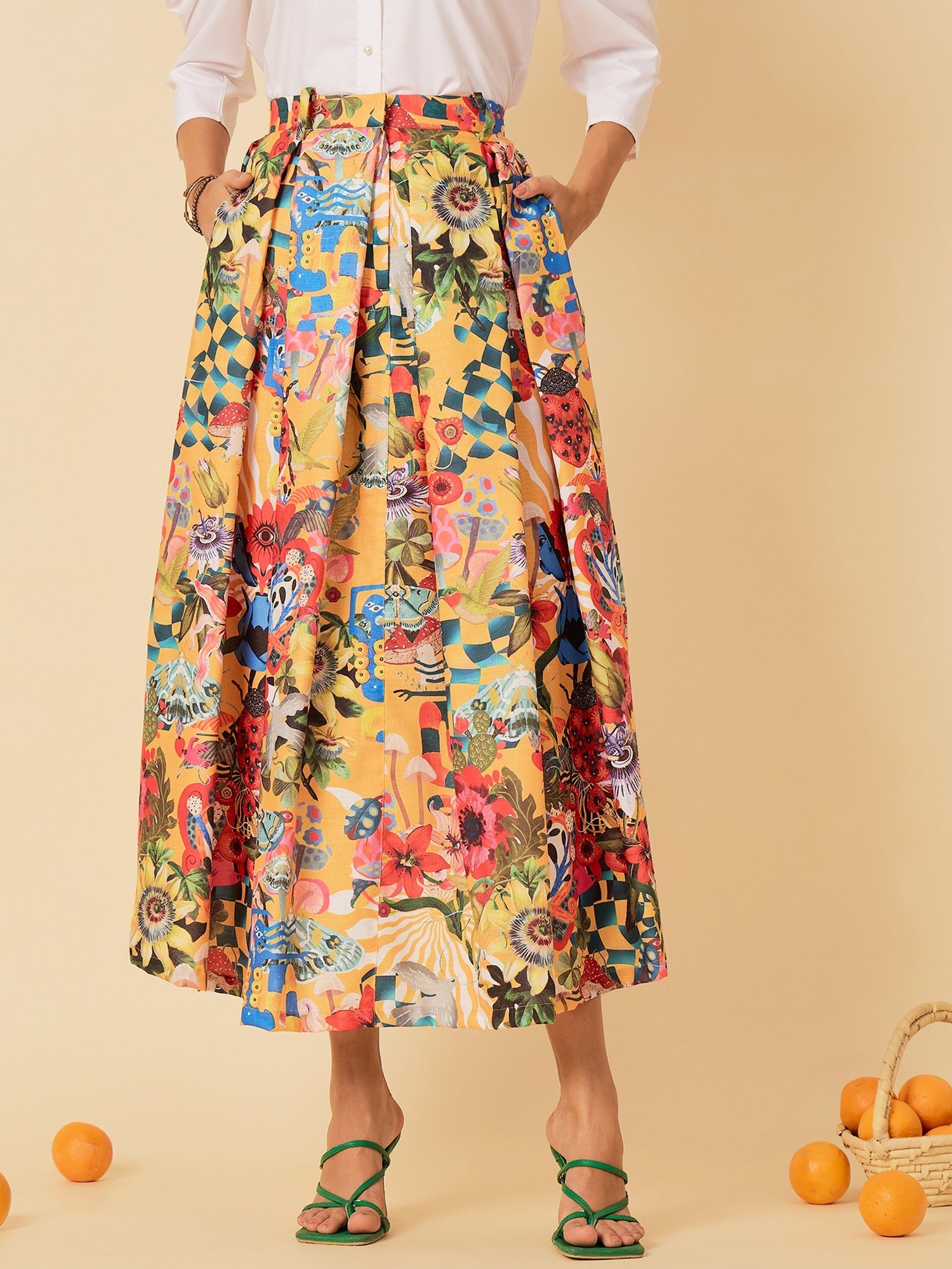 Pure Cotton Box Pleated Midi Skirt