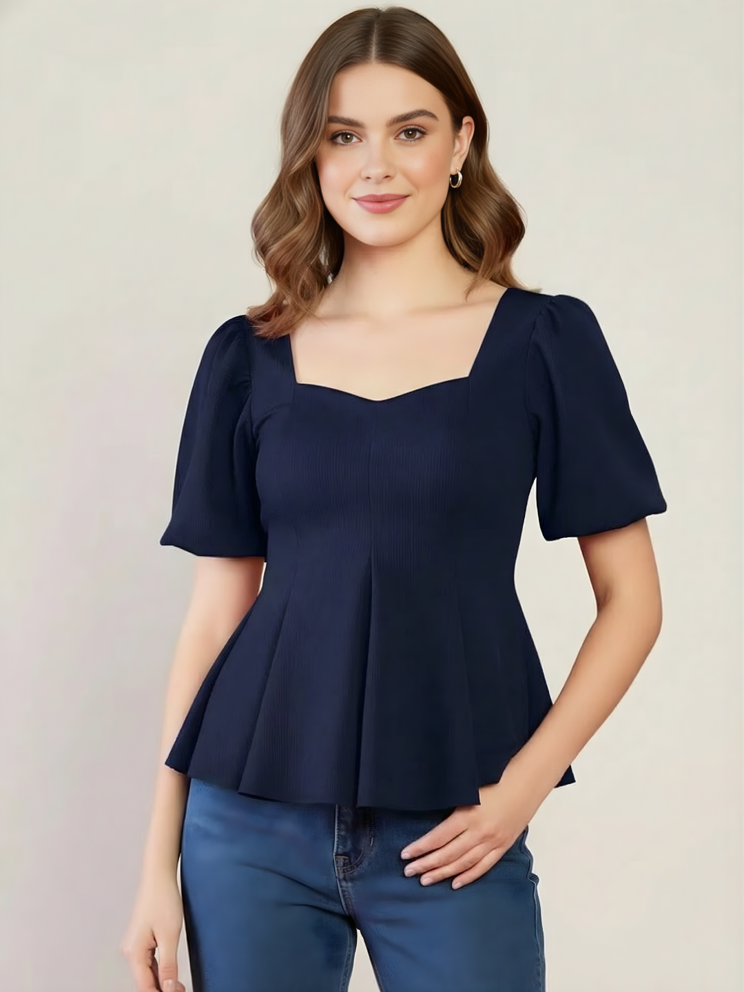 Stretchable Puff Sleeves Peplum Top