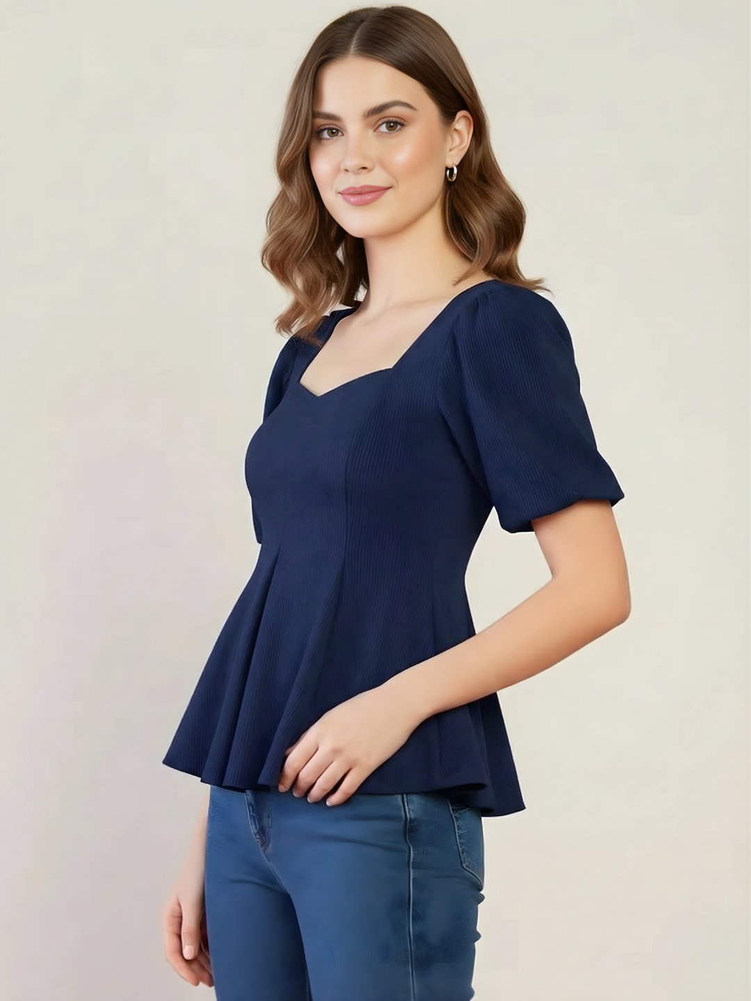 Stretchable Puff Sleeves Peplum Top