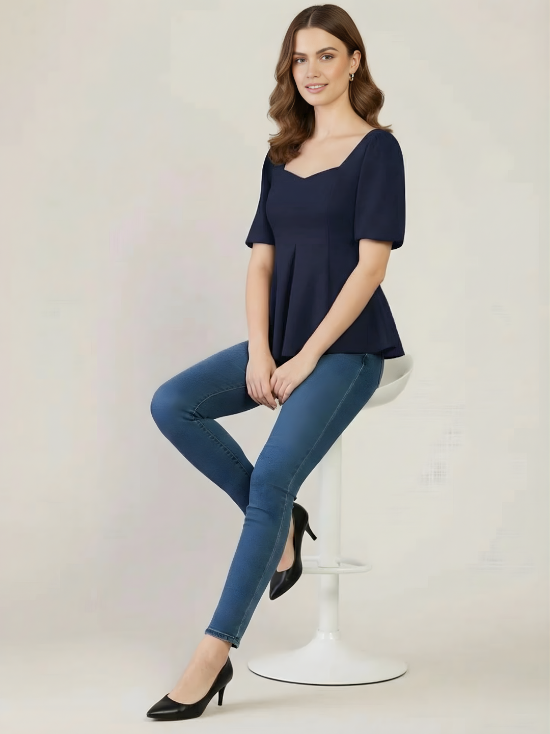 Stretchable Puff Sleeves Peplum Top