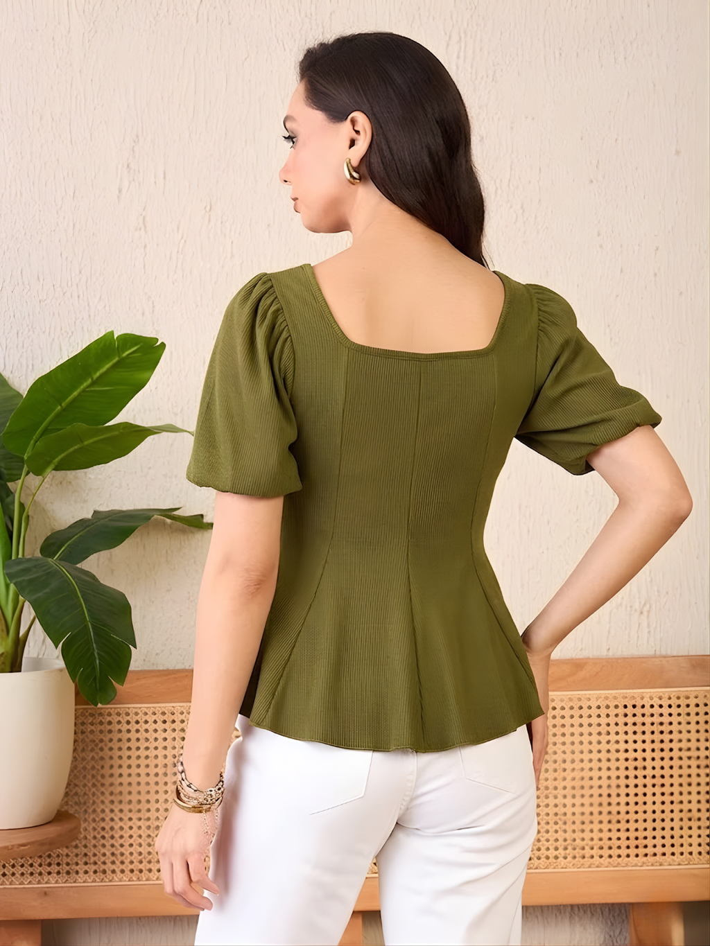 Stretchable Puff Sleeves Peplum Top