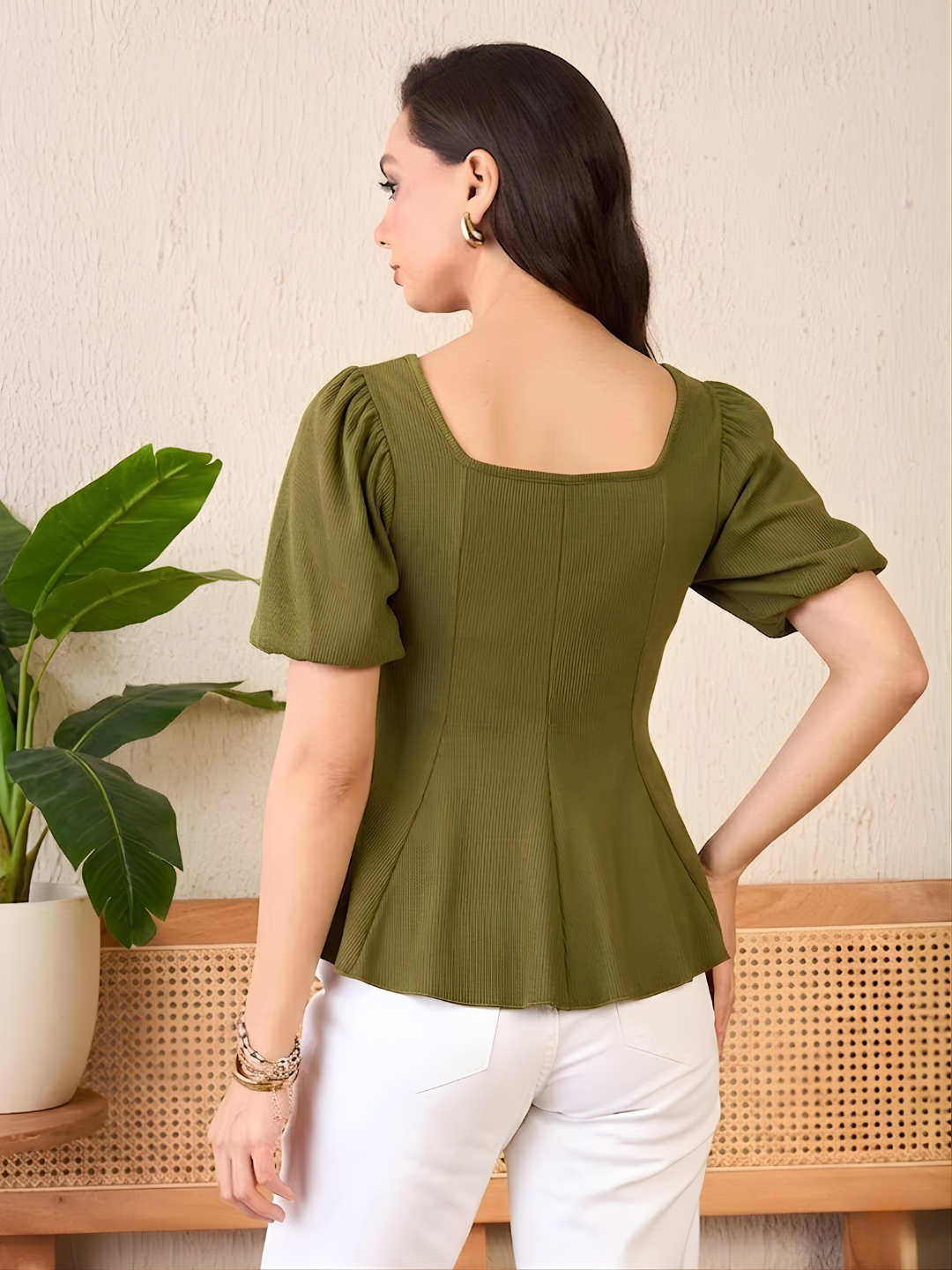 Stretchable Puff Sleeves Peplum Top