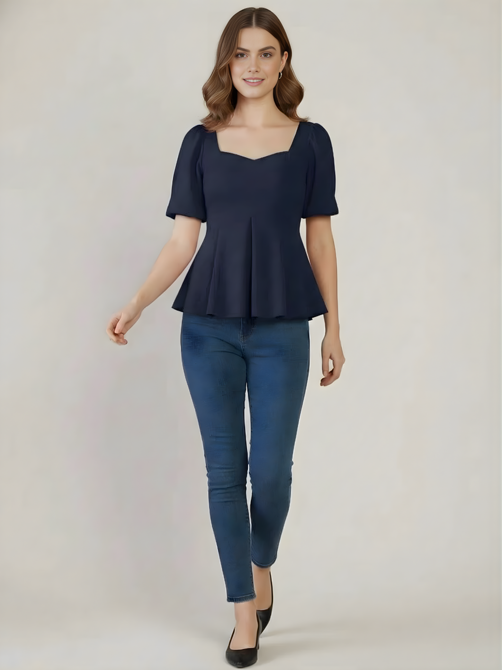 Stretchable Puff Sleeves Peplum Top