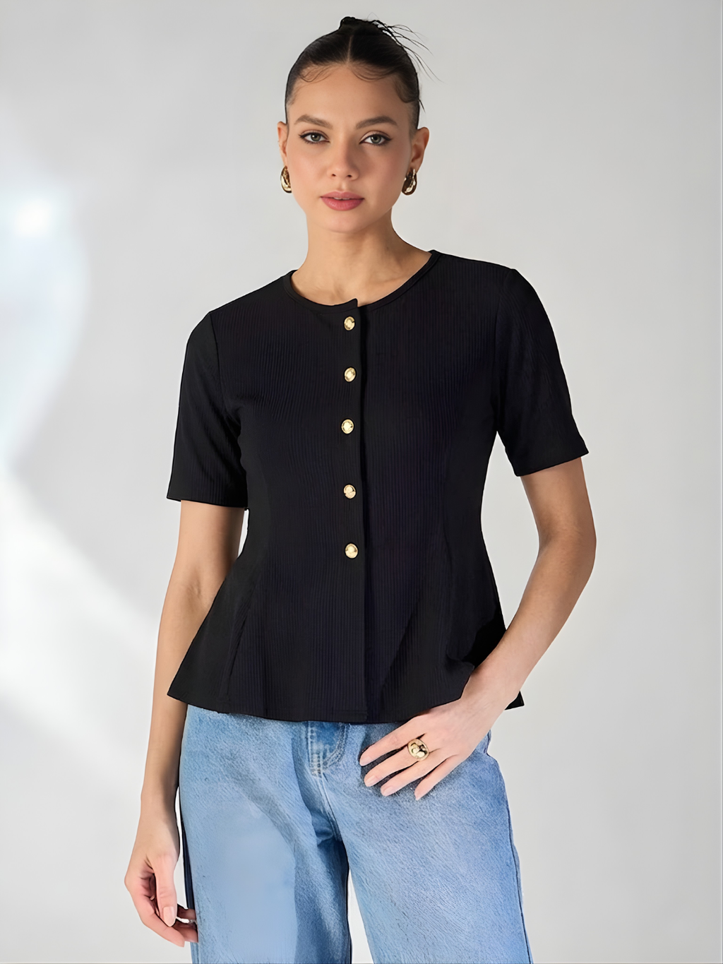 Stretchable Ribbed Flared Peplum Top