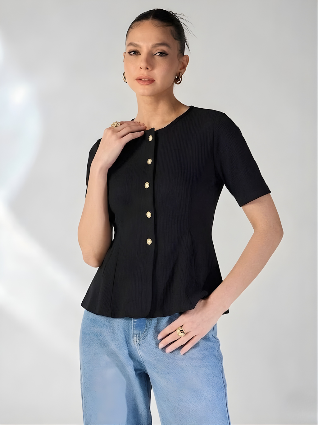 Stretchable Ribbed Flared Peplum Top