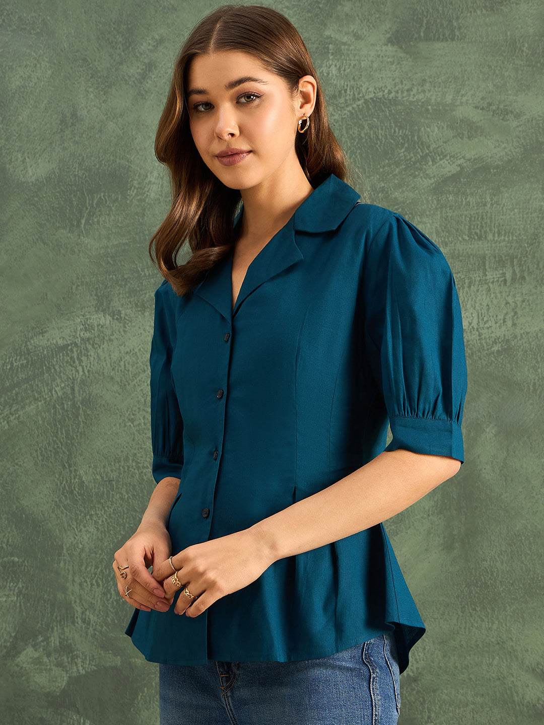 Puff Sleeve Pure Cotton Pleated Shirt