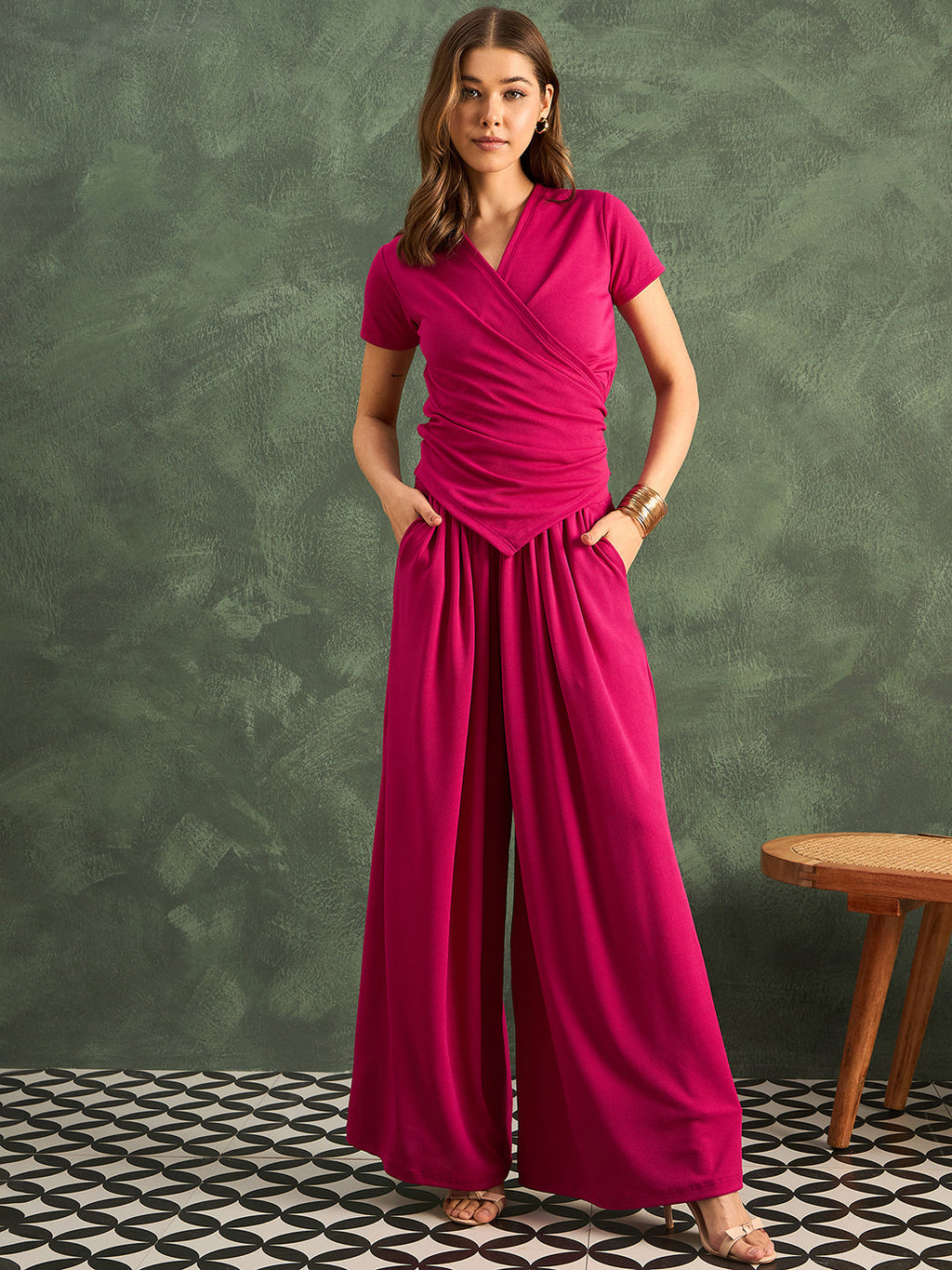 Stretchable Wrap Top & Flow Pants Co-Ord Set