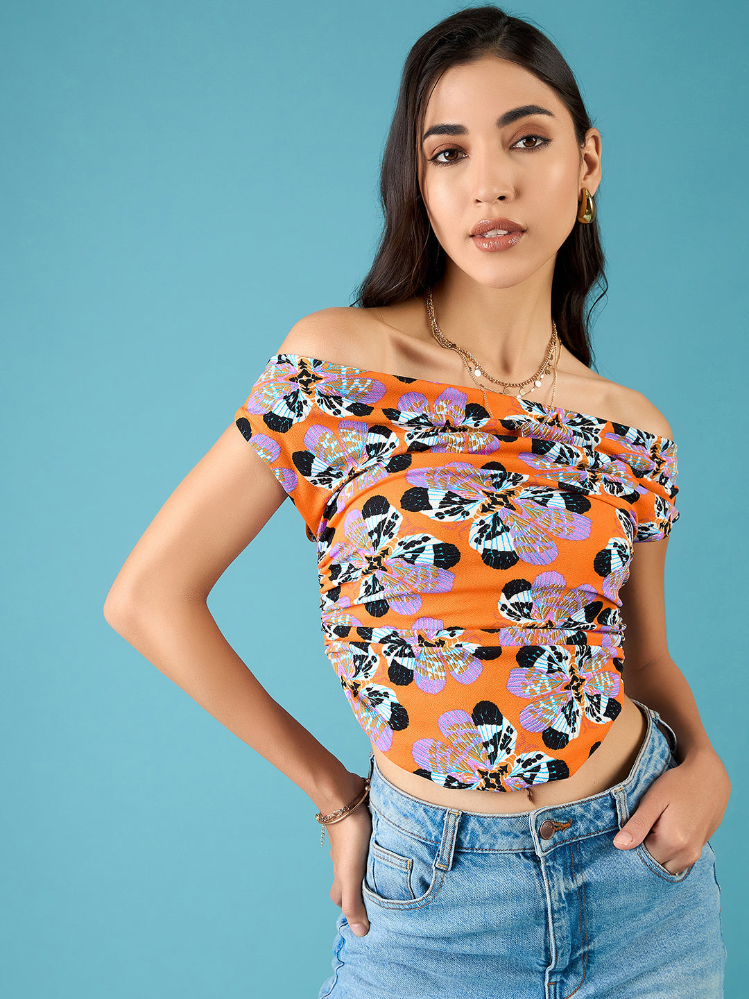 Printed Stretchable Draped Crop Top