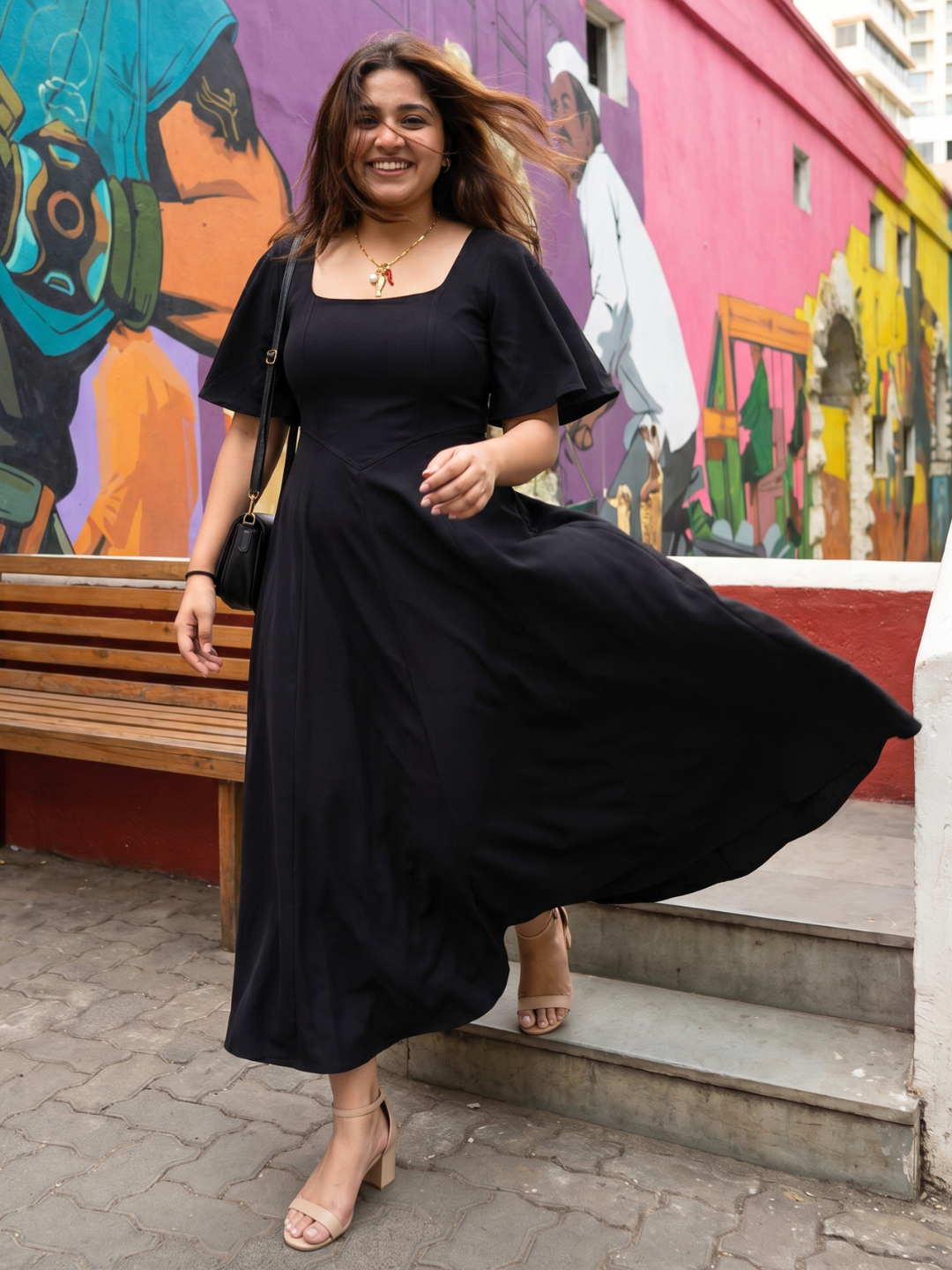 Stretchable Ruffled Sleeve Fit & Flare Dress