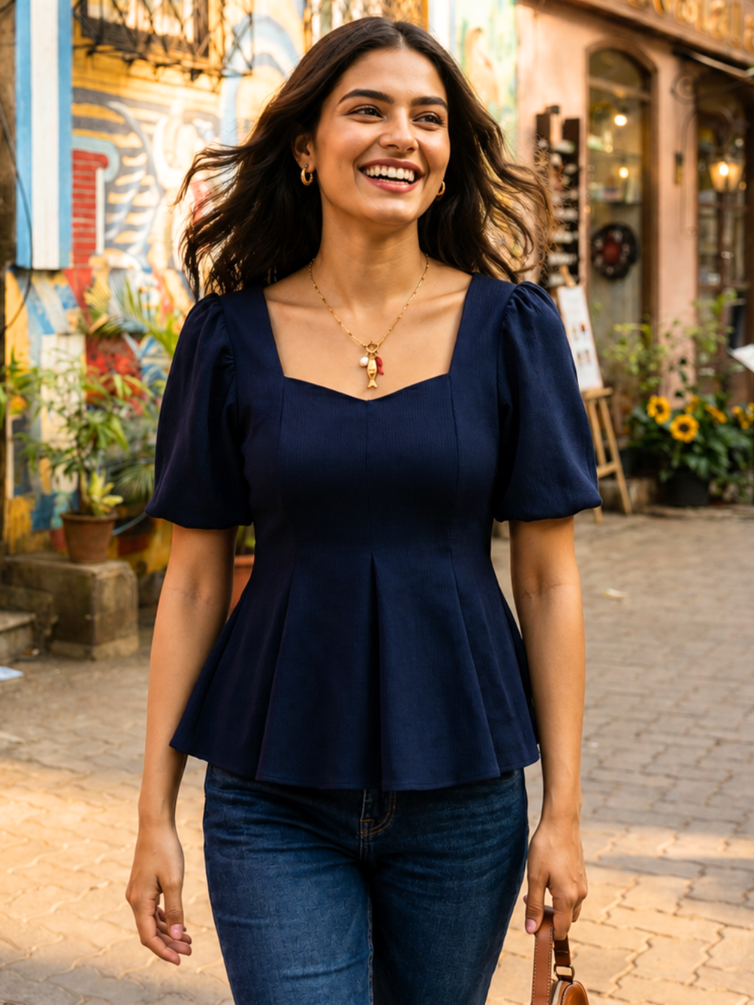 Stretchable Puff Sleeves Peplum Top