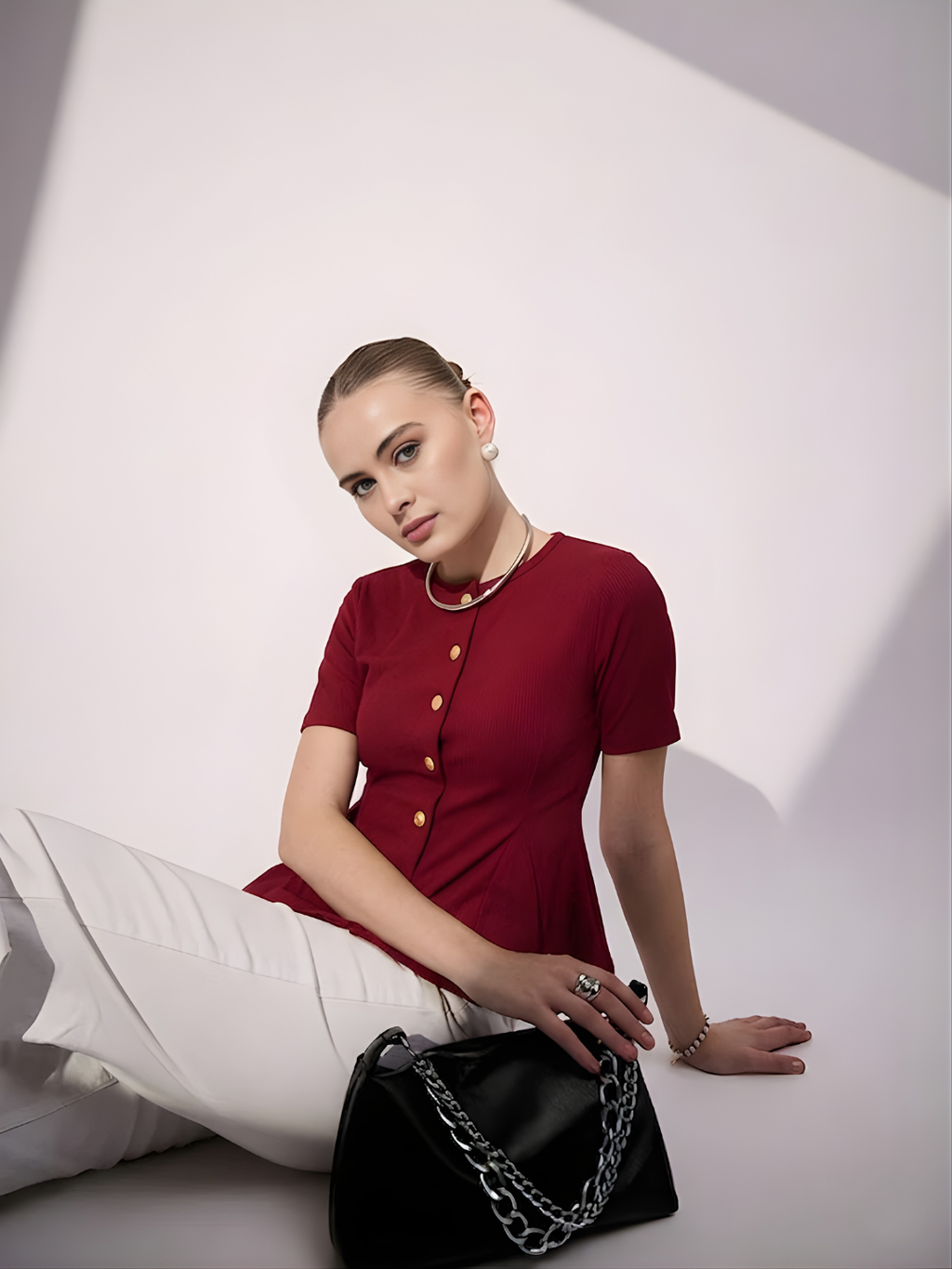 Stretchable Ribbed Flared Peplum Top