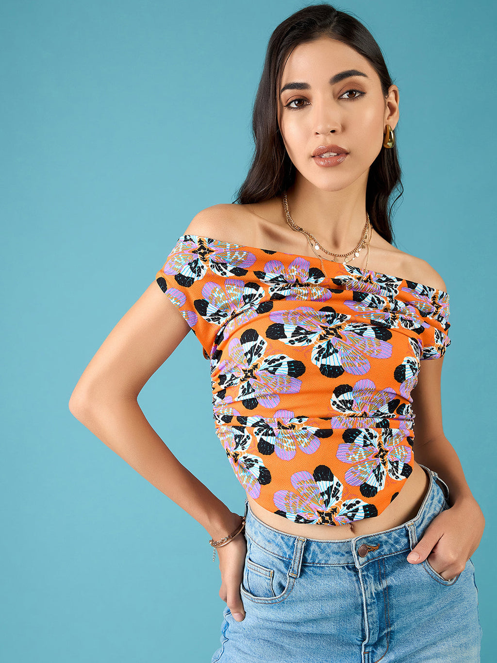 Printed Stretchable Draped Crop Top