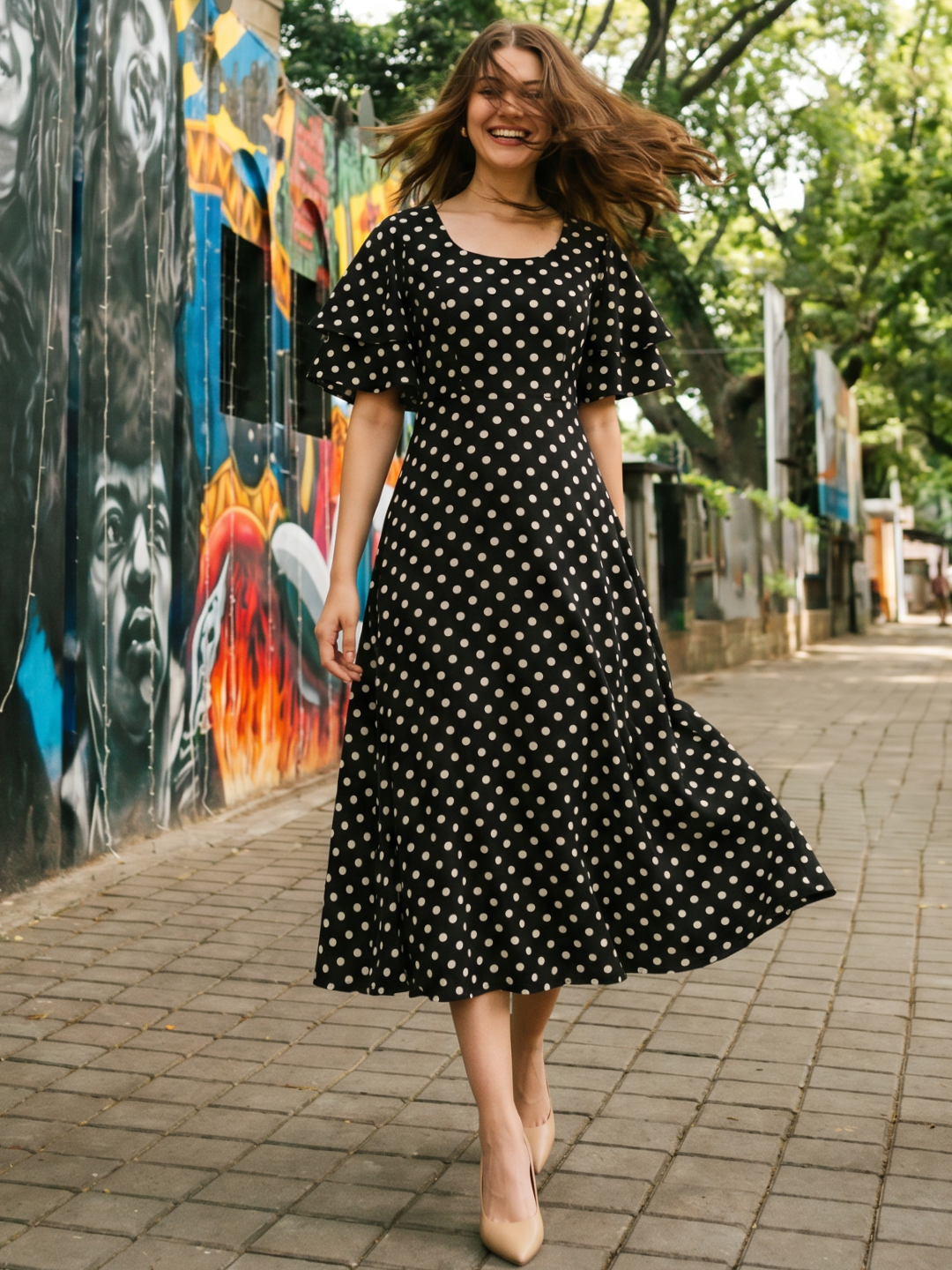 Stretchable Ruffled Sleeve Fit & Flare Dress