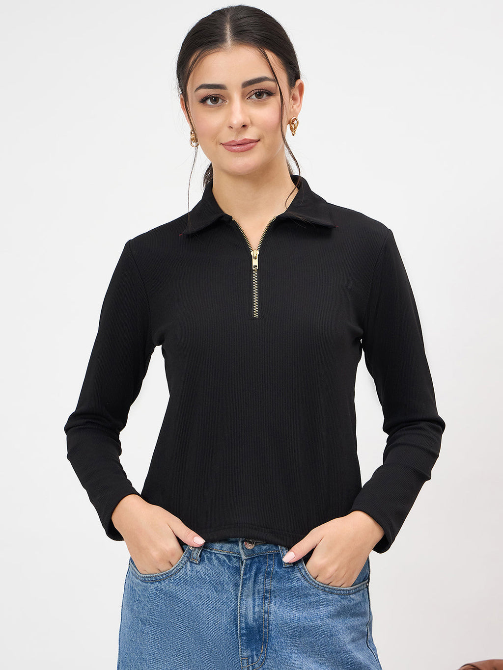 Stretchable Full Sleeves Front Zip Up Top