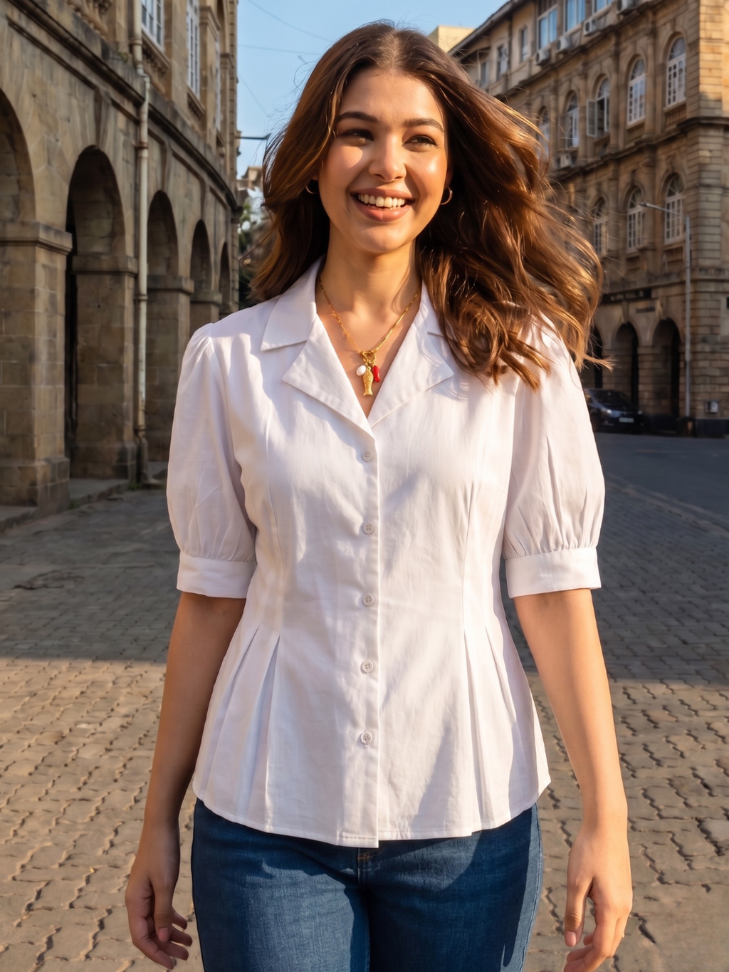 Puff Sleeve Pure Cotton Pleated Shirt