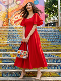 Stretchable Ruffled Sleeve Fit & Flare Dress