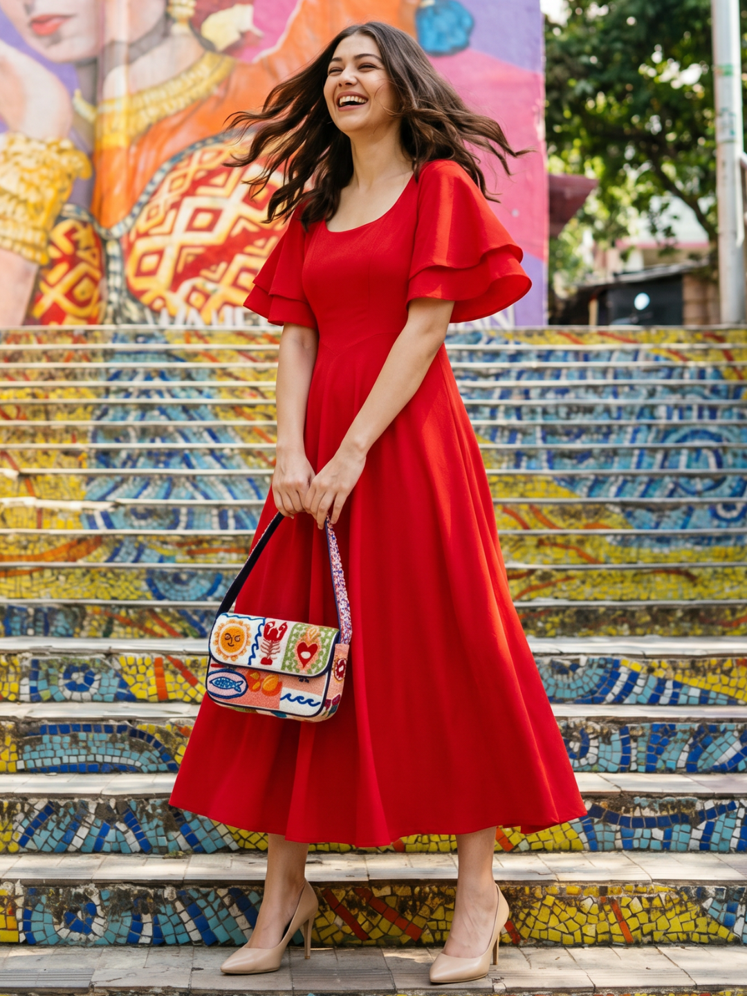 Stretchable Ruffled Sleeve Fit & Flare Dress