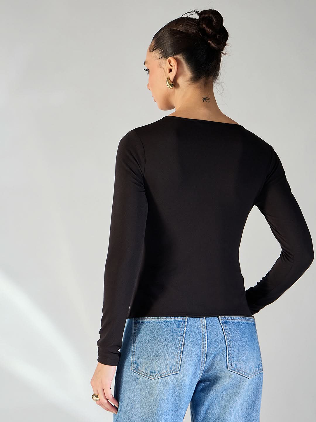 Stretchable Black and Golden Toned Cut-Out Top