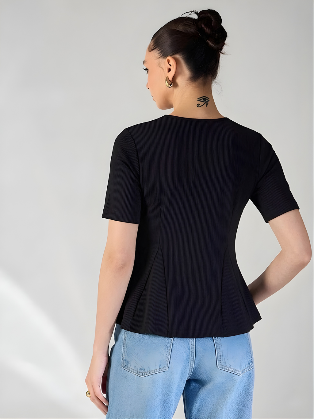 Stretchable Ribbed Flared Peplum Top