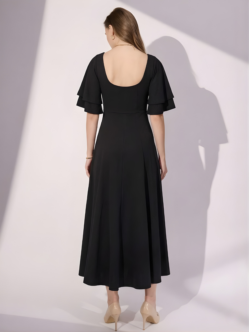 Stretchable Ruffled Sleeve Fit & Flare Dress