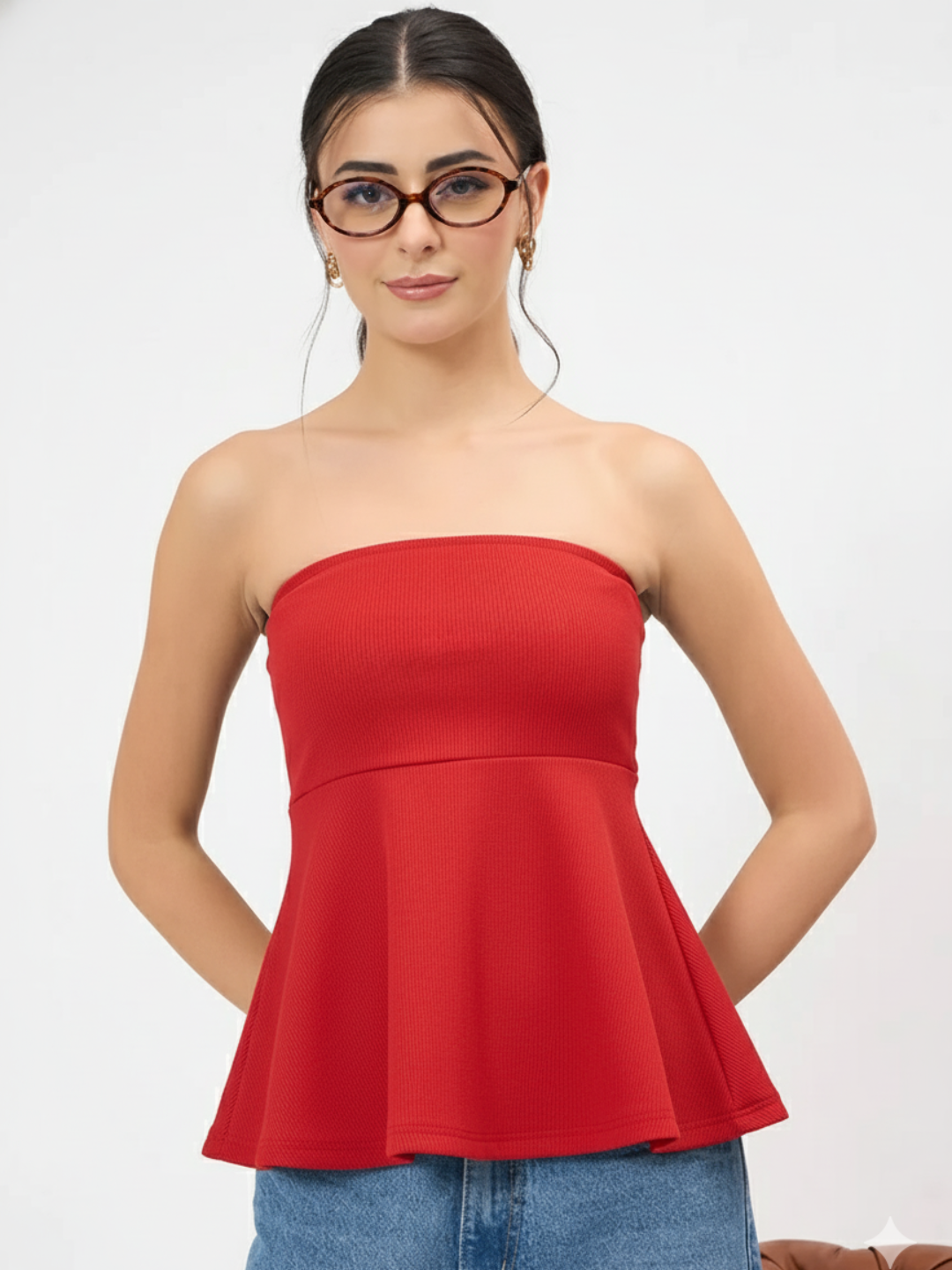 Ribbed Bandeau Peplum Top