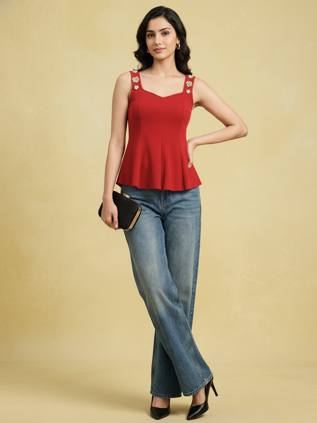 Stretchable Ribbed Embellished Peplum Top
