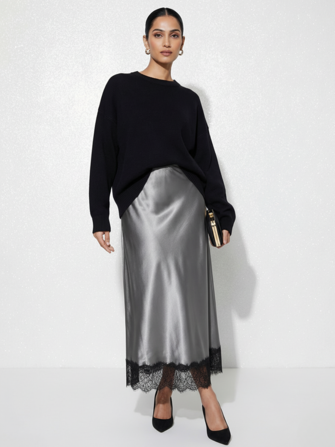 Lace Satin Midi Skirt