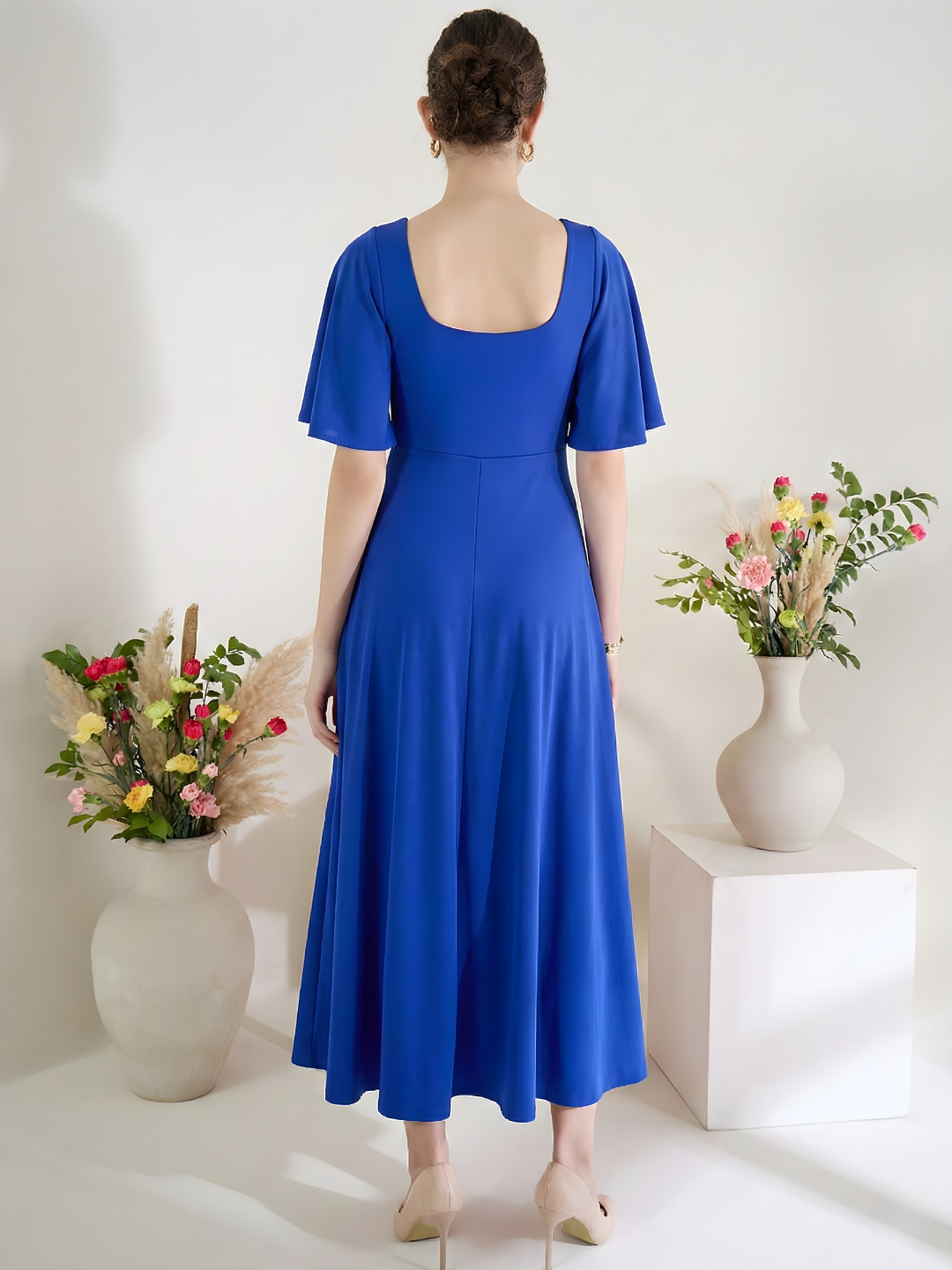 Stretchable Ruffled Sleeve Fit & Flare Dress