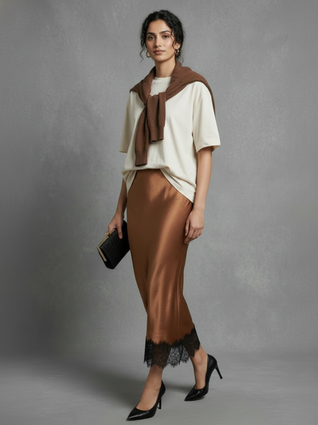 Lace Satin Midi Skirt