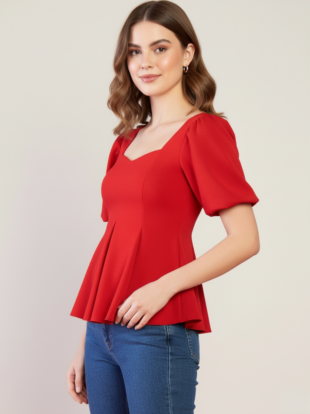 Stretchable Puff Sleeves Peplum Top