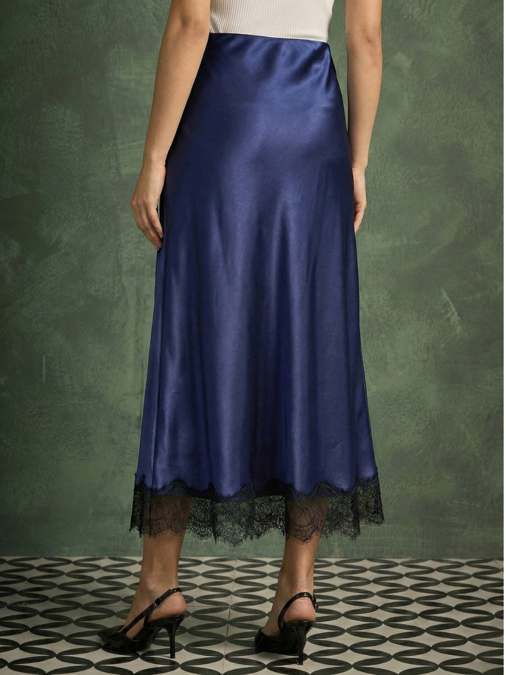 Lace Satin Midi Skirt