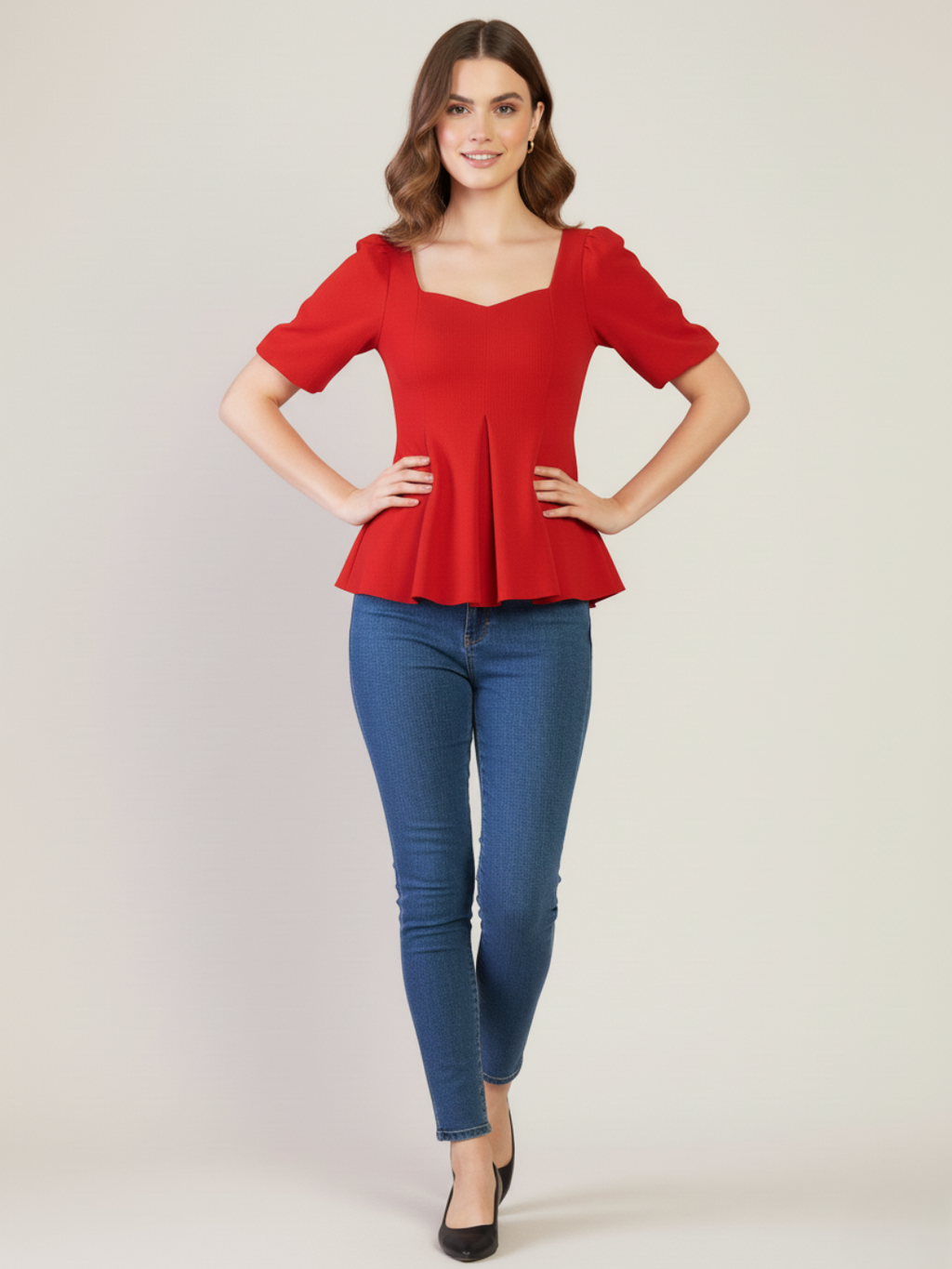 Stretchable Puff Sleeves Peplum Top