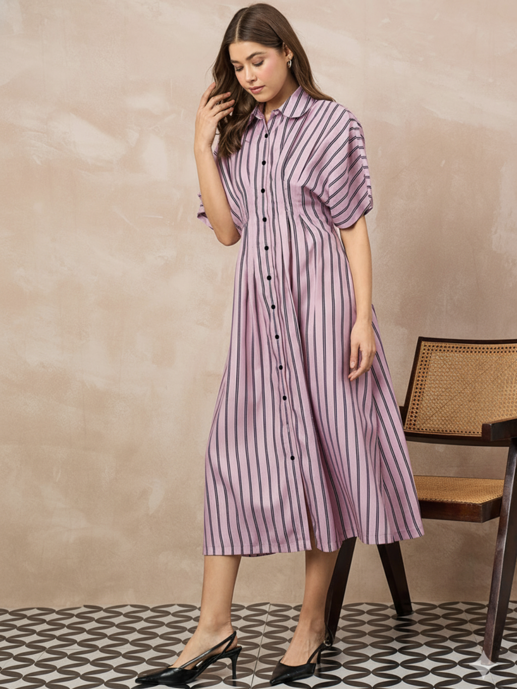 Pure Linen Pin-Tucked Midi Dress