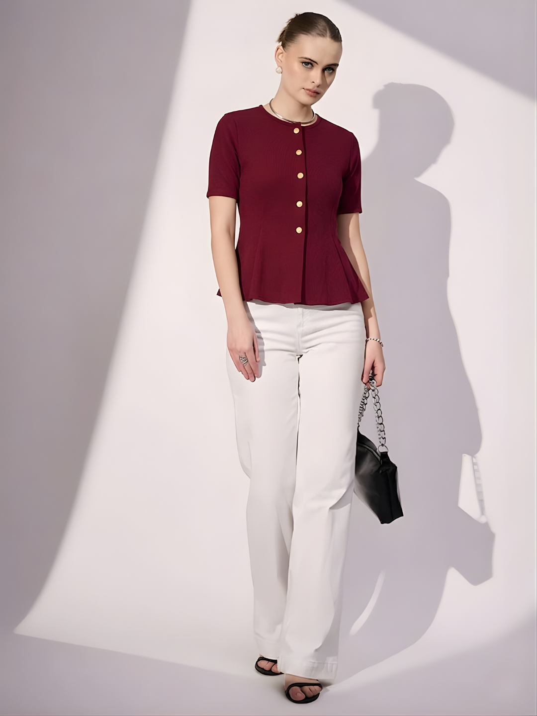 Stretchable Ribbed Flared Peplum Top
