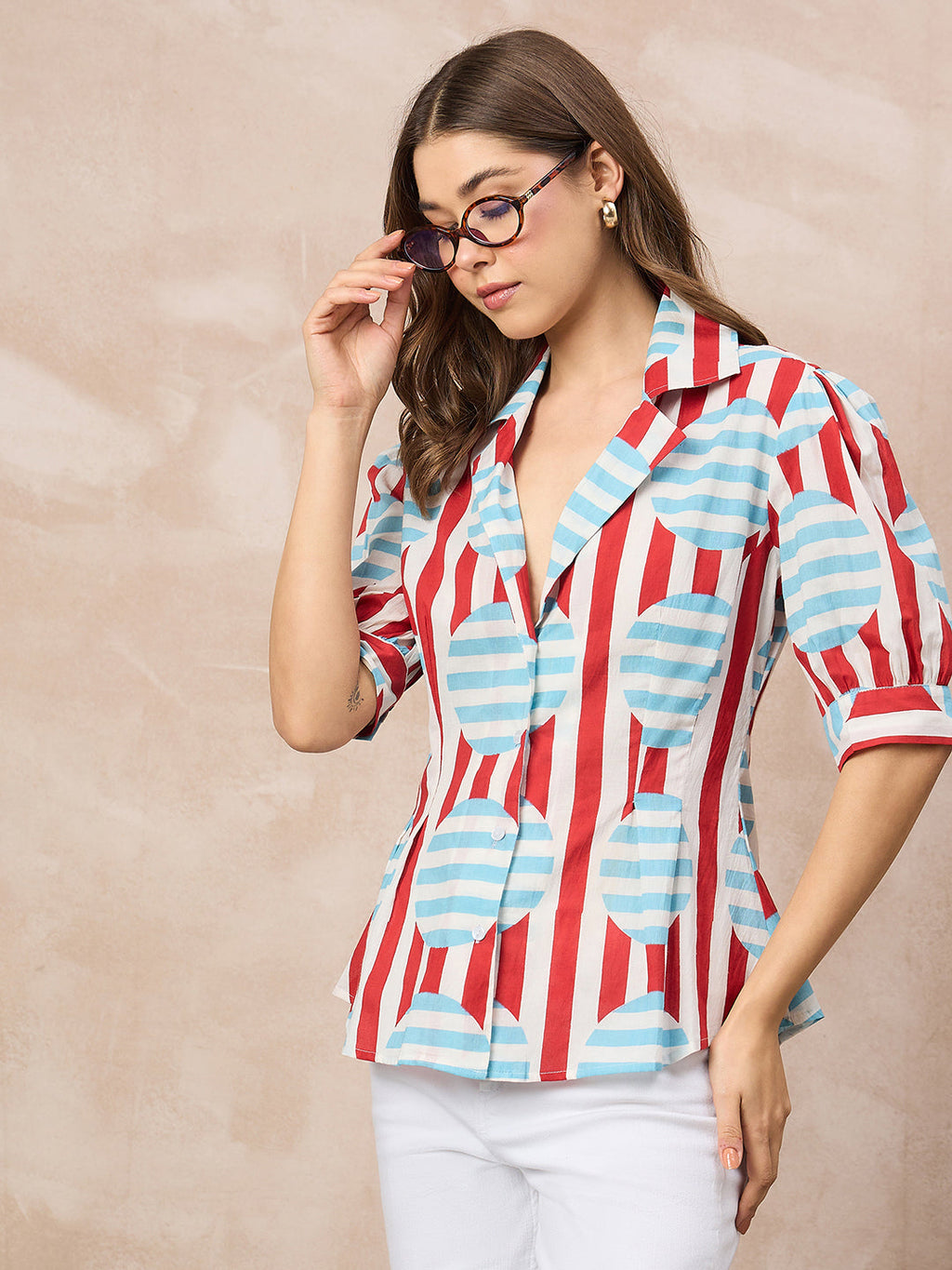 Puff Sleeve Pure Cotton Pleated Shirt