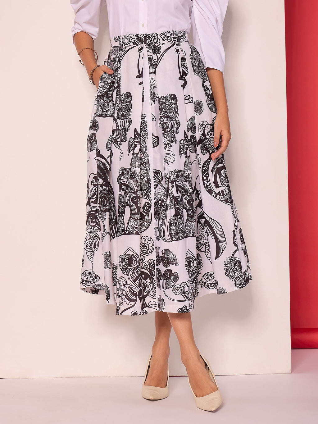 Pure Cotton Box Pleated Midi Skirt