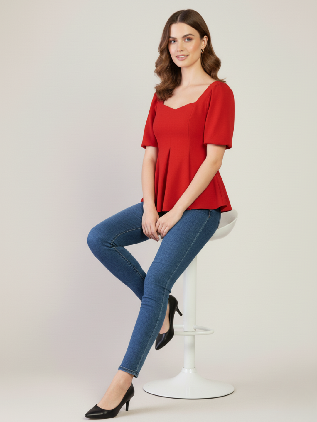 Stretchable Puff Sleeves Peplum Top