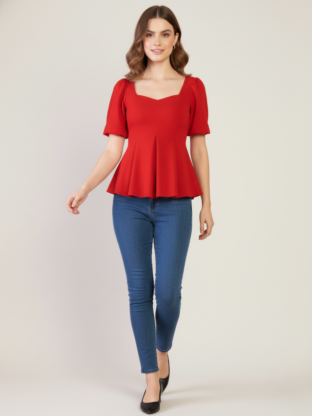 Stretchable Puff Sleeves Peplum Top