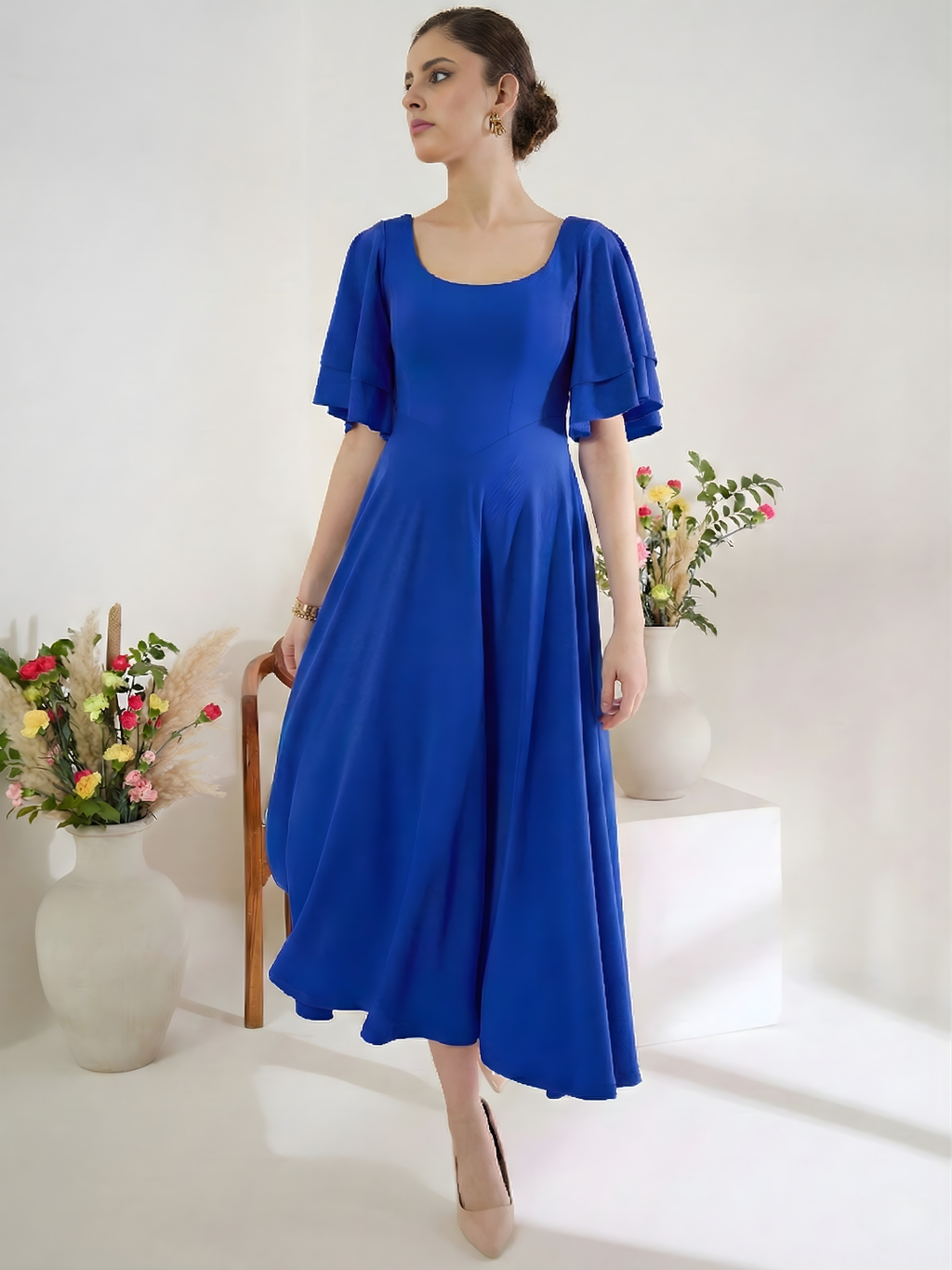 Stretchable Ruffled Sleeve Fit & Flare Dress