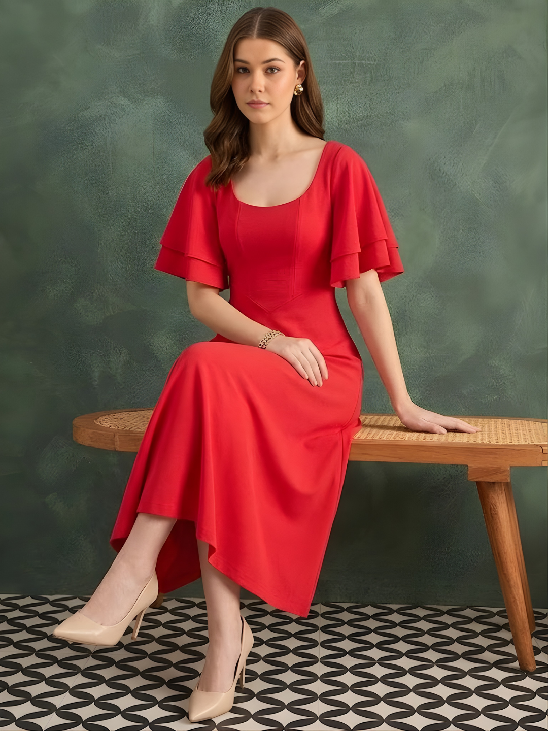 Stretchable Ruffled Sleeve Fit & Flare Dress