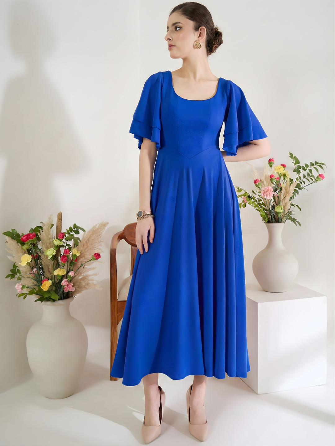 Stretchable Ruffled Sleeve Fit & Flare Dress