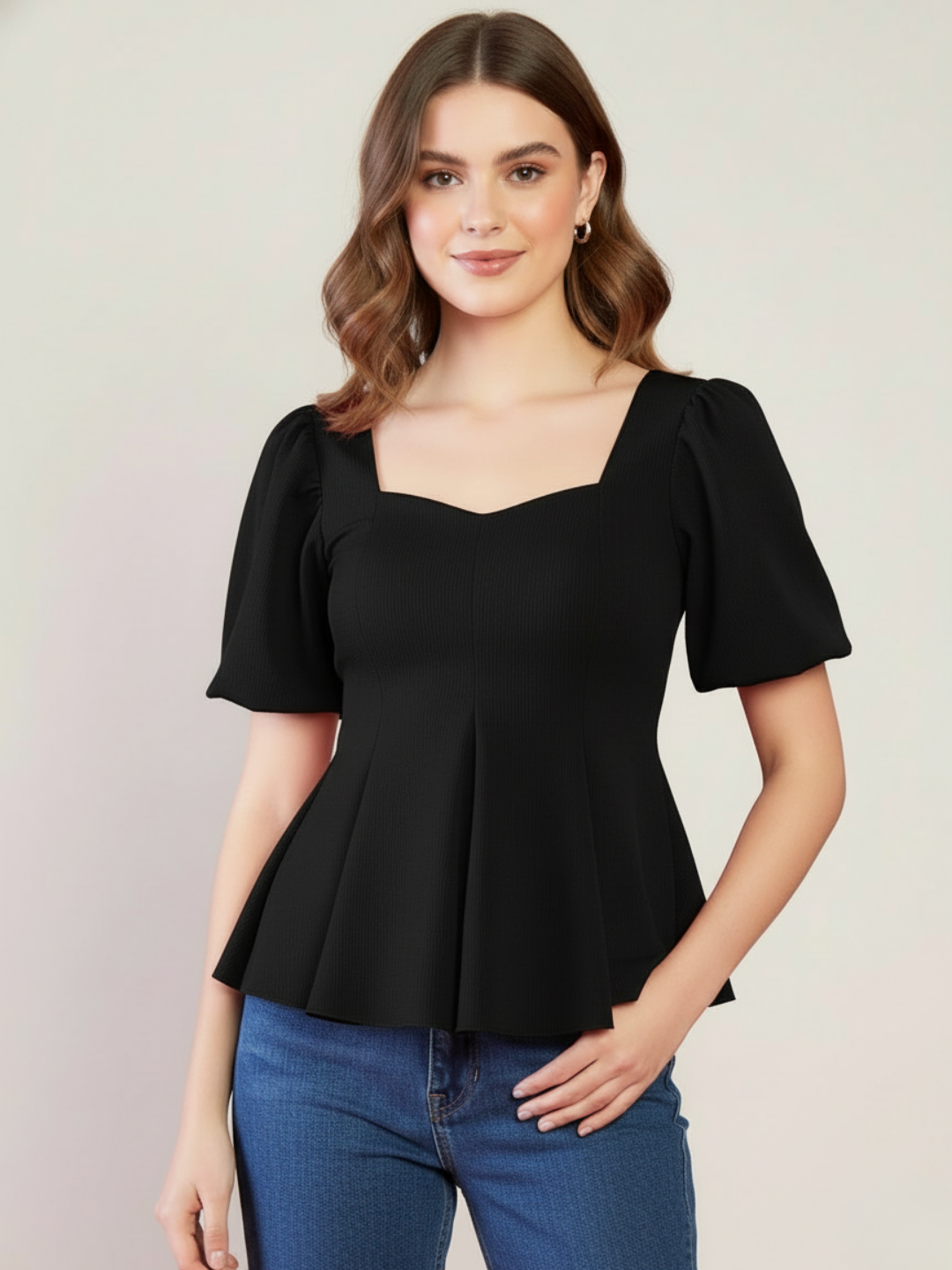 Stretchable Puff Sleeves Peplum Top