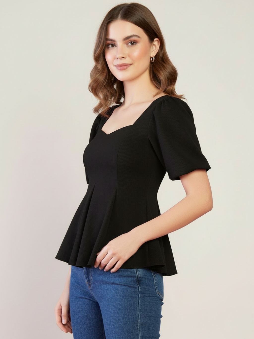 Stretchable Puff Sleeves Peplum Top