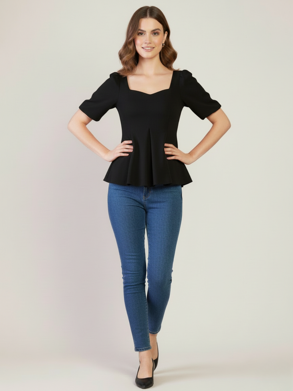 Stretchable Puff Sleeves Peplum Top