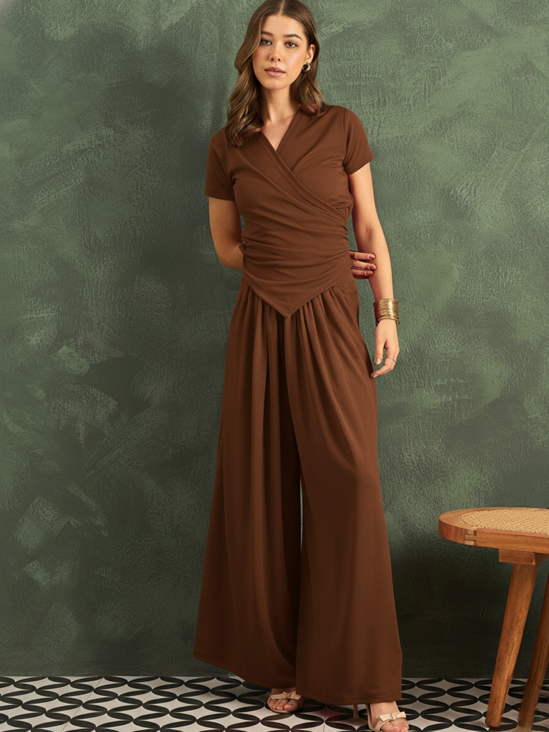 Stretchable Wrap Top & Flow Pants Co-Ord Set