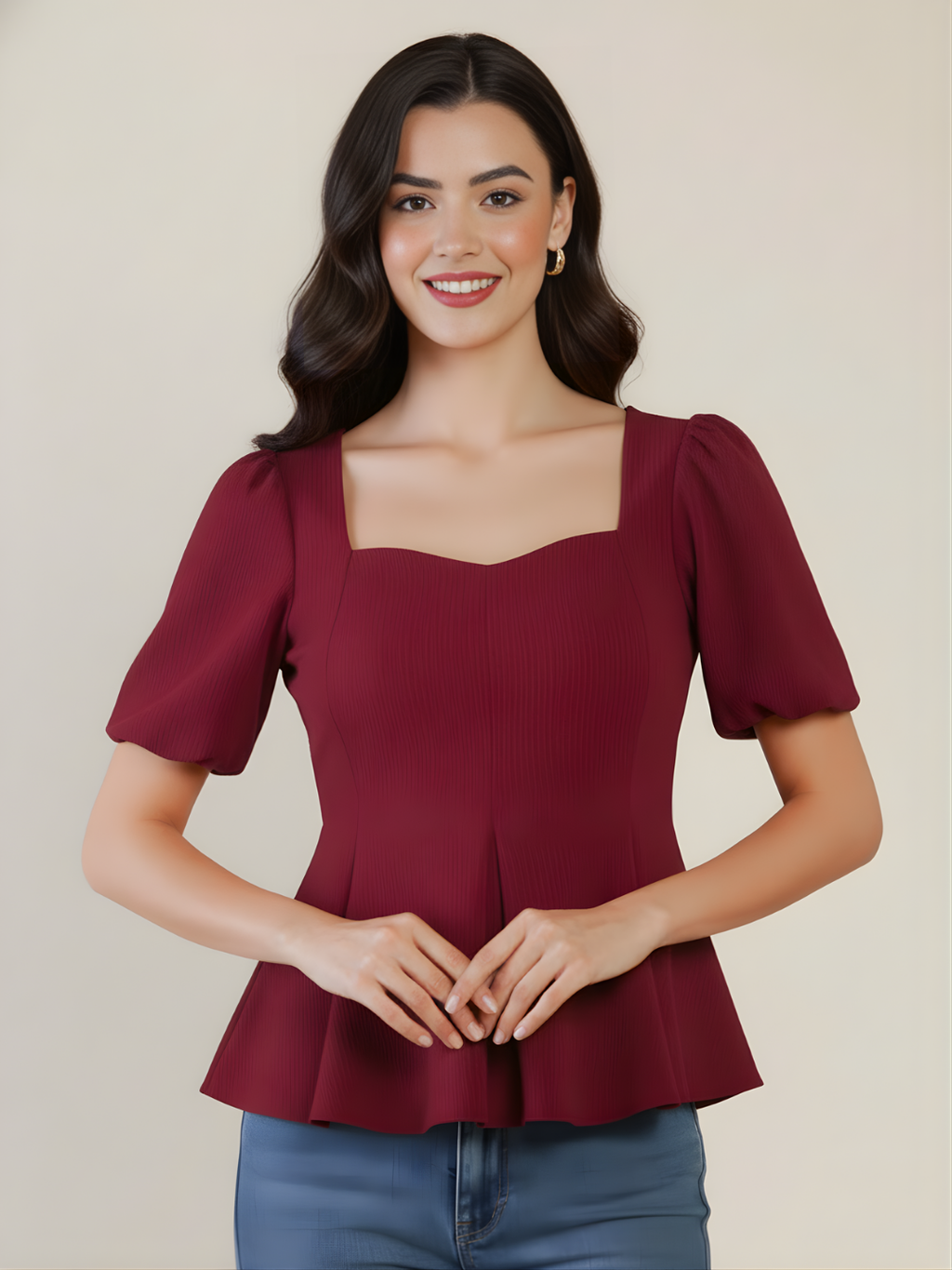 Stretchable Puff Sleeves Peplum Top