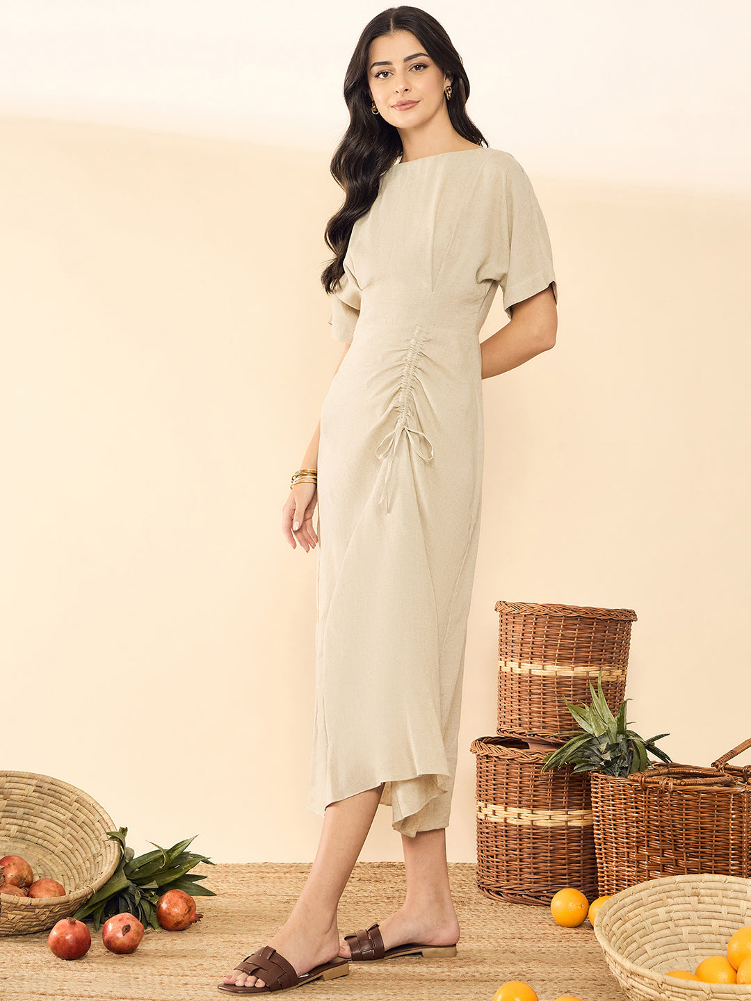 Linen Drawstring Midi Dress